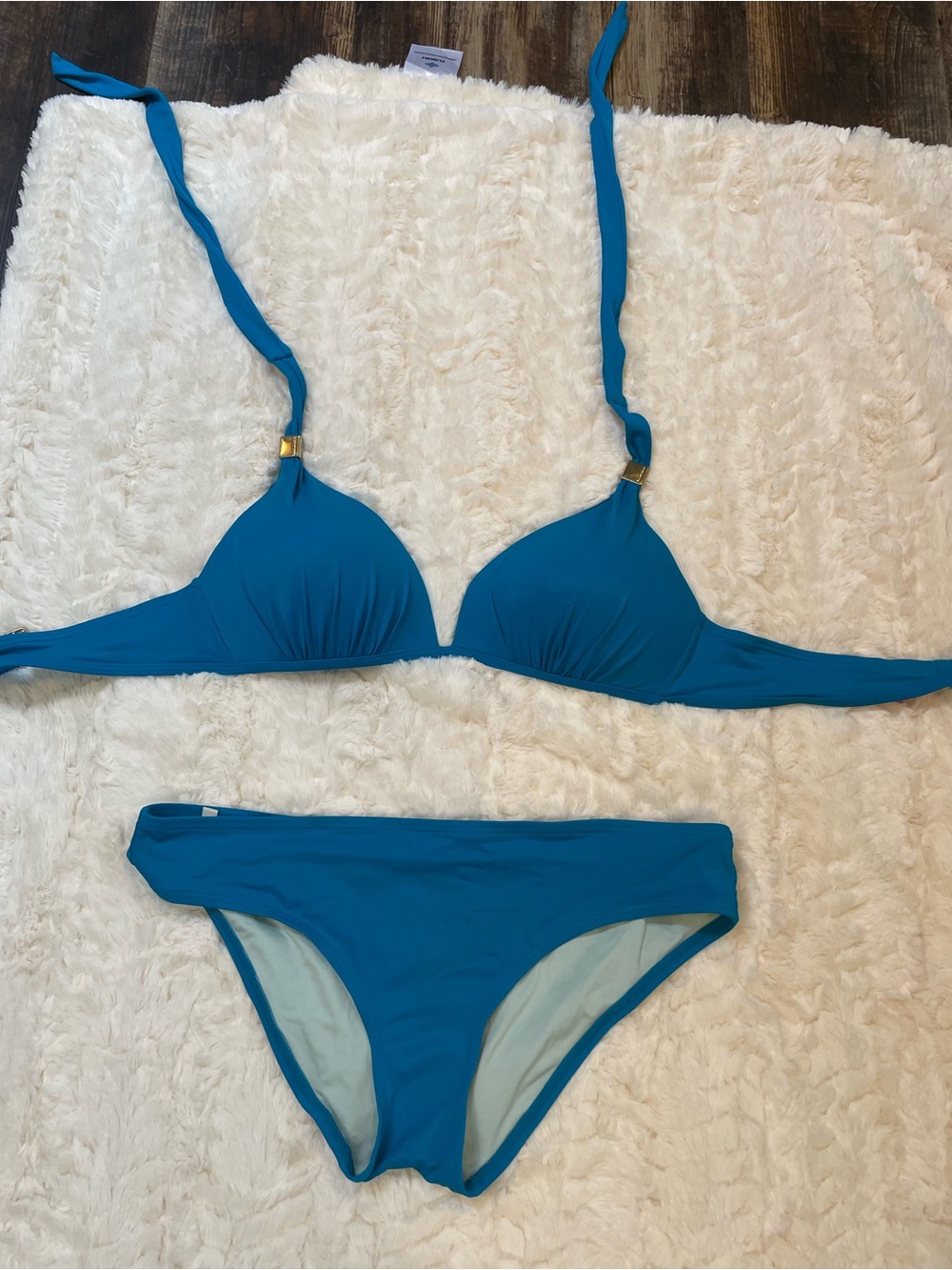 Victoria's Secret Teal Blue Halter Bikini Set with Gold Accents